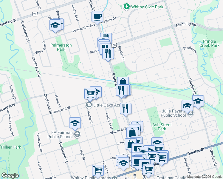 map of restaurants, bars, coffee shops, grocery stores, and more near 52 Playfair Road in Whitby