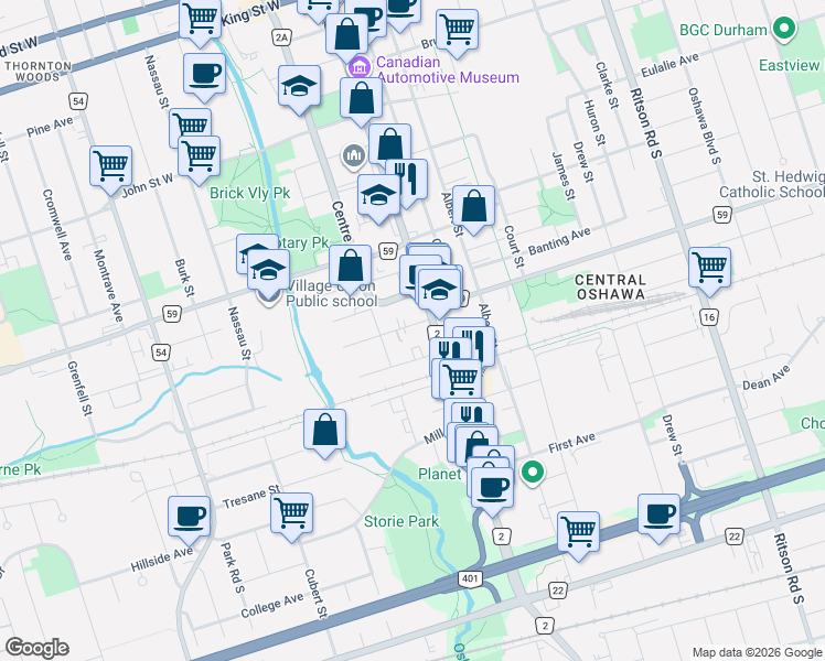 map of restaurants, bars, coffee shops, grocery stores, and more near 17 Royal Street in Oshawa