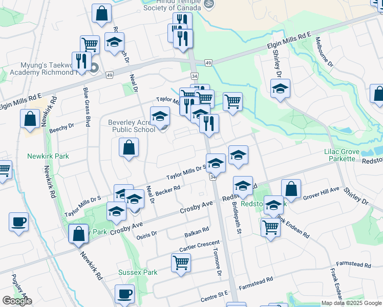 map of restaurants, bars, coffee shops, grocery stores, and more near 485 Lynett Crescent in Richmond Hill