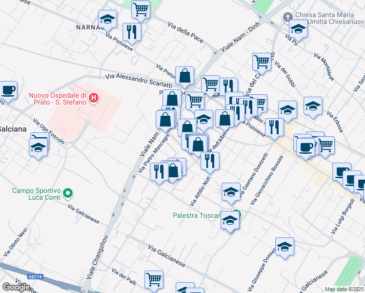 map of restaurants, bars, coffee shops, grocery stores, and more near 2-68 Via Antonio Vivaldi in Prato