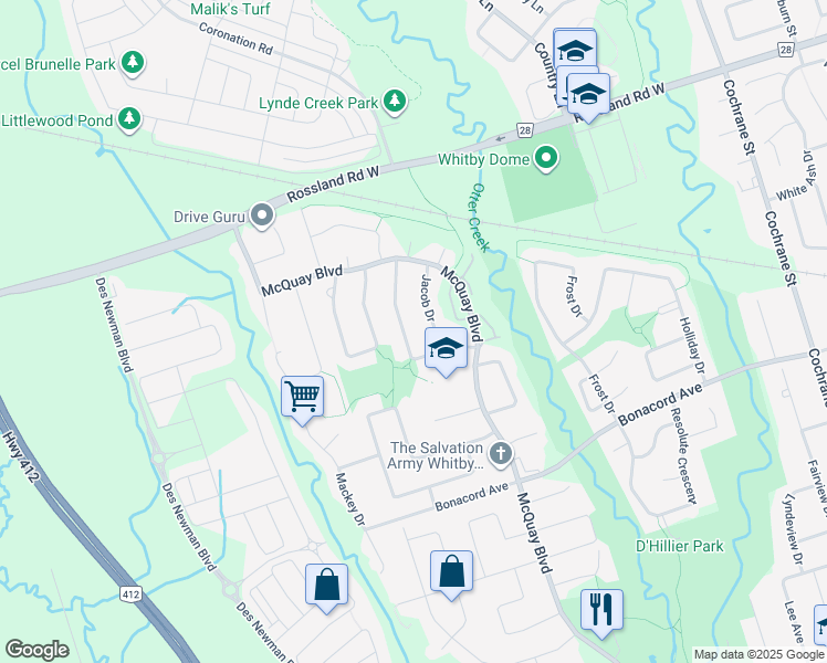 map of restaurants, bars, coffee shops, grocery stores, and more near 33 Renfield Crescent in Whitby