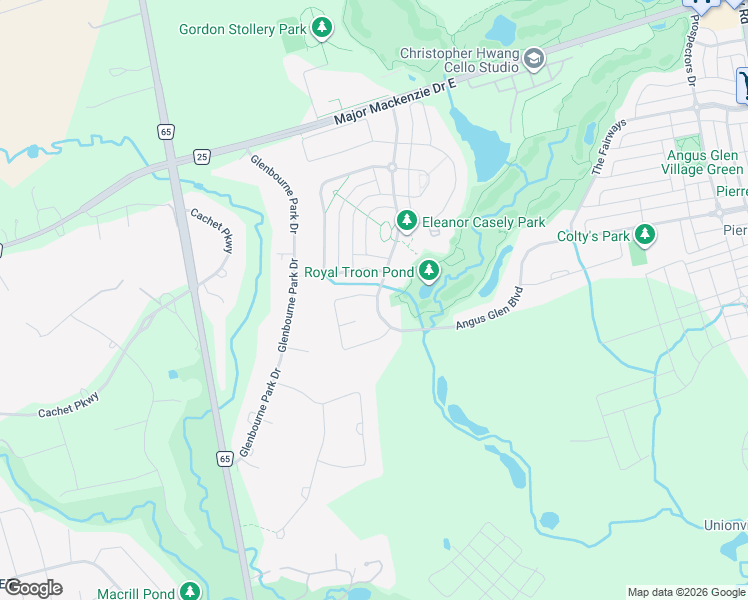 map of restaurants, bars, coffee shops, grocery stores, and more near 183 Angus Glen Boulevard in Markham