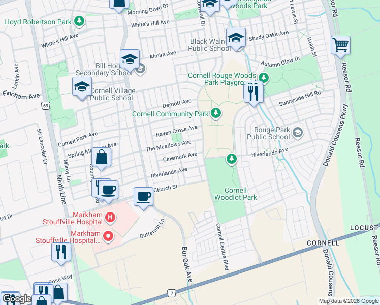 map of restaurants, bars, coffee shops, grocery stores, and more near 52 Cinemark Avenue in Markham