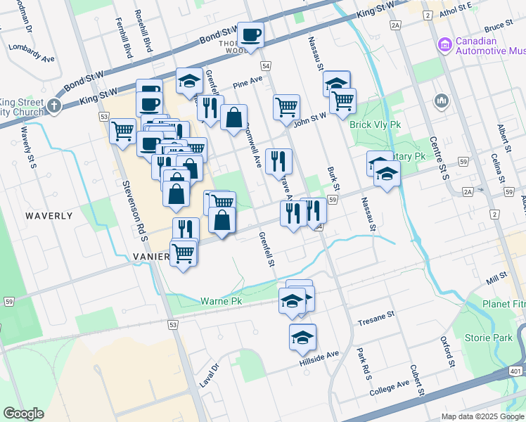 map of restaurants, bars, coffee shops, grocery stores, and more near in Oshawa