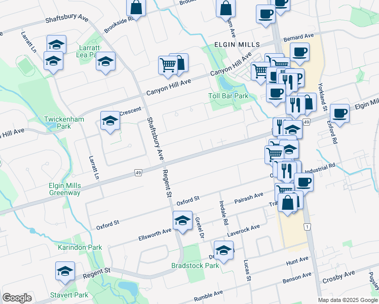 map of restaurants, bars, coffee shops, grocery stores, and more near 19 Cooperage Crescent in Richmond Hill