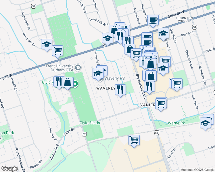 map of restaurants, bars, coffee shops, grocery stores, and more near 662 Cartier Avenue in Oshawa