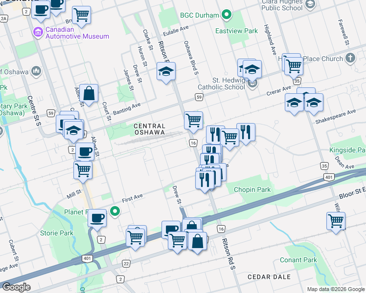 map of restaurants, bars, coffee shops, grocery stores, and more near 244 Graburn Avenue in Oshawa