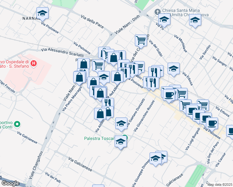 map of restaurants, bars, coffee shops, grocery stores, and more near 57 Via Giuseppe Becherini in Prato