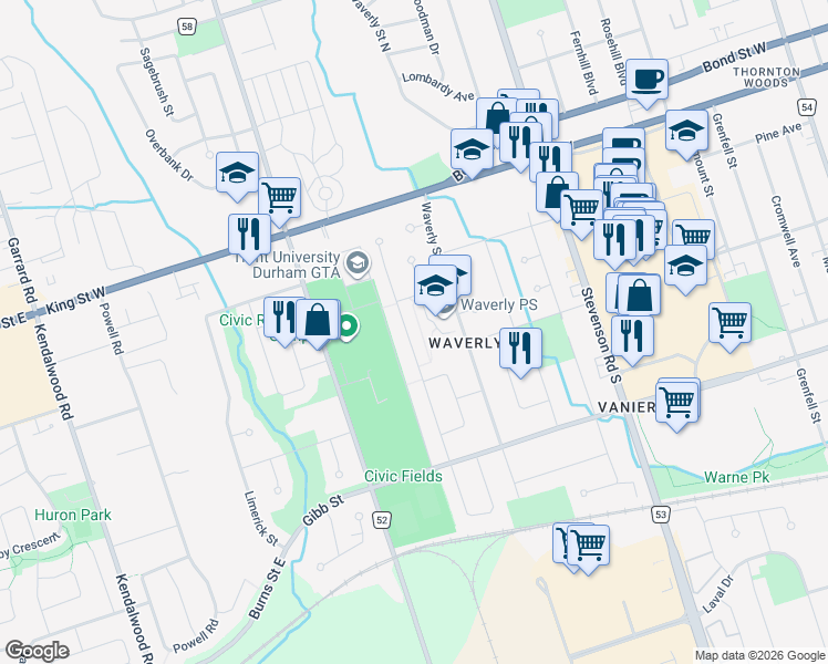 map of restaurants, bars, coffee shops, grocery stores, and more near 123 Vancouver Street in Oshawa