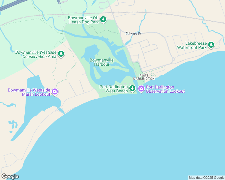 map of restaurants, bars, coffee shops, grocery stores, and more near 52 West Beach Road in Bowmanville