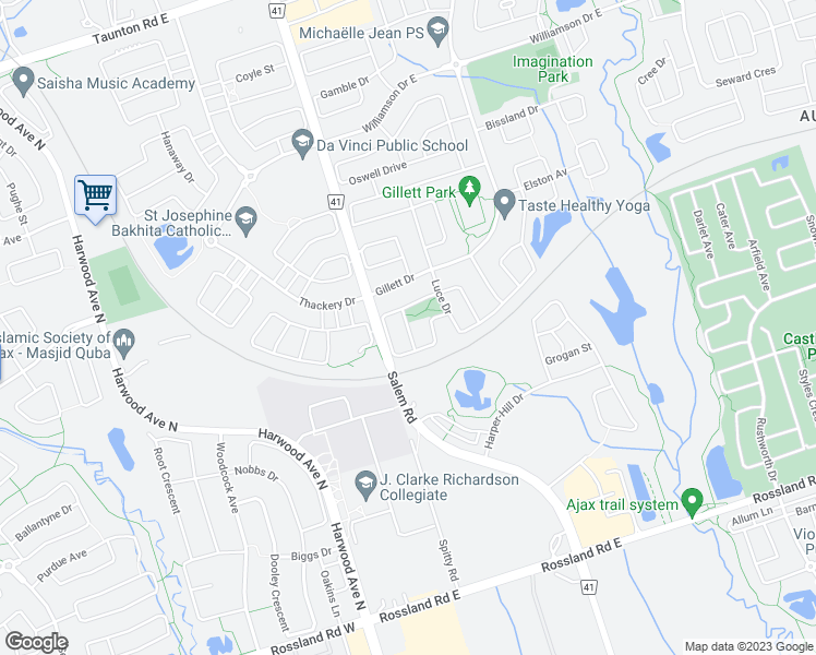 map of restaurants, bars, coffee shops, grocery stores, and more near Camill Avenue in Ajax