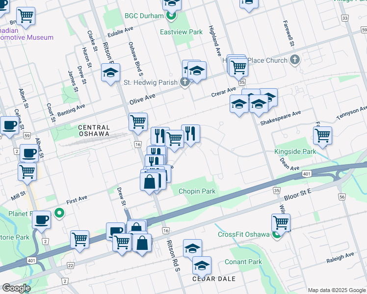 map of restaurants, bars, coffee shops, grocery stores, and more near in Oshawa