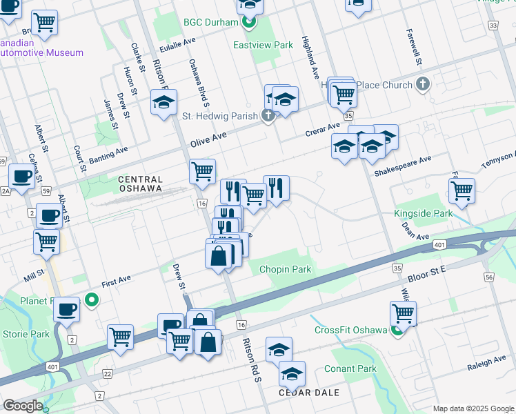 map of restaurants, bars, coffee shops, grocery stores, and more near in Oshawa