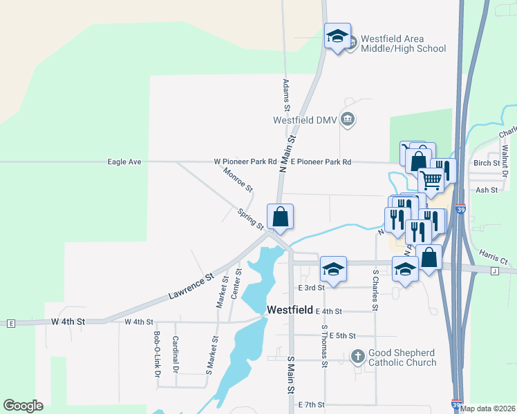 map of restaurants, bars, coffee shops, grocery stores, and more near 237 Monroe Street in Westfield