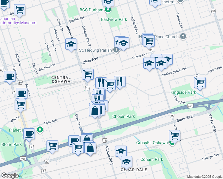 map of restaurants, bars, coffee shops, grocery stores, and more near 480 Beresford Path in Oshawa
