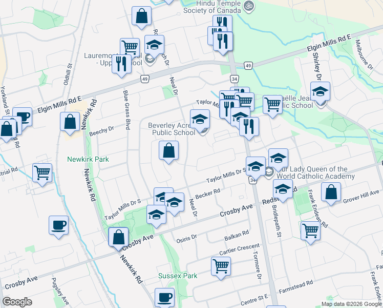map of restaurants, bars, coffee shops, grocery stores, and more near 265 Neal Drive in Richmond Hill
