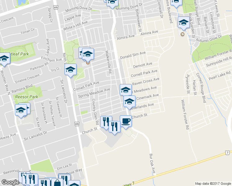map of restaurants, bars, coffee shops, grocery stores, and more near 53 Walkerville Road in Markham