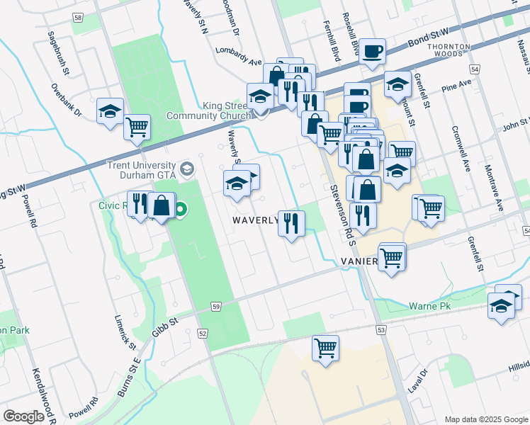 map of restaurants, bars, coffee shops, grocery stores, and more near 654 Cartier Avenue in Oshawa