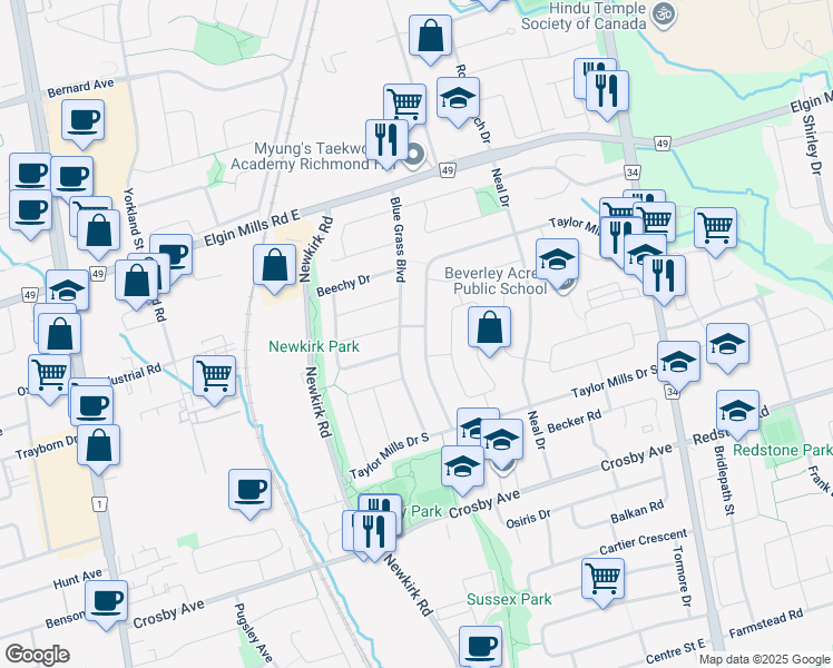 map of restaurants, bars, coffee shops, grocery stores, and more near 225 Taylor Mills Drive North in Richmond Hill