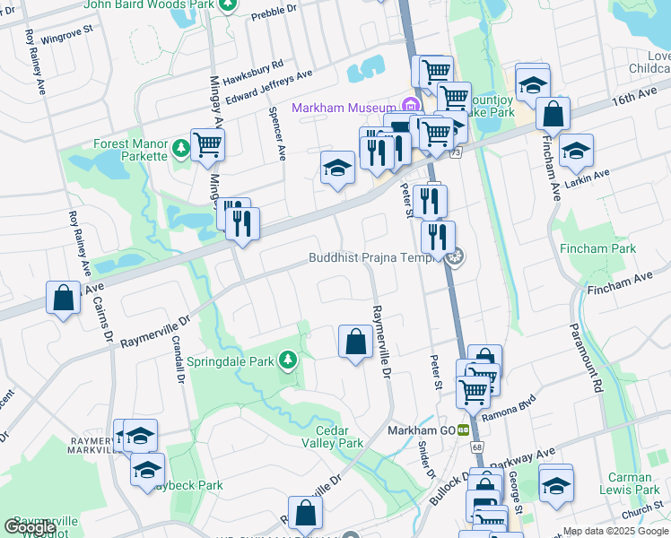 map of restaurants, bars, coffee shops, grocery stores, and more near 326 Raymerville Drive in Markham