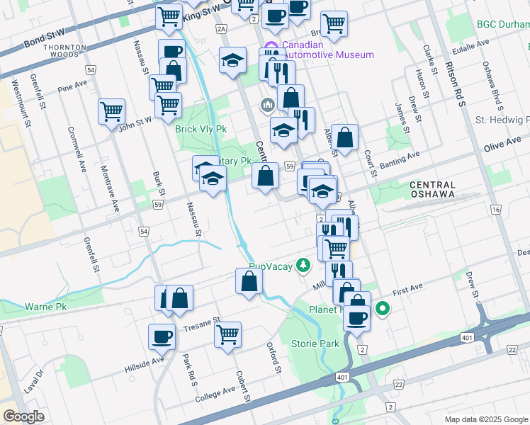 map of restaurants, bars, coffee shops, grocery stores, and more near 77 Fairbanks Street in Oshawa