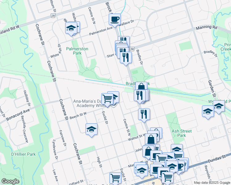 map of restaurants, bars, coffee shops, grocery stores, and more near Centre Street North in Whitby
