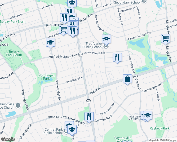 map of restaurants, bars, coffee shops, grocery stores, and more near Andalusia Lane in Markham