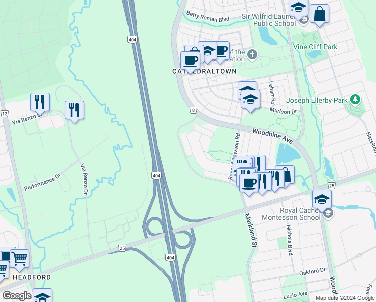 map of restaurants, bars, coffee shops, grocery stores, and more near 93 Staglin Court in Markham