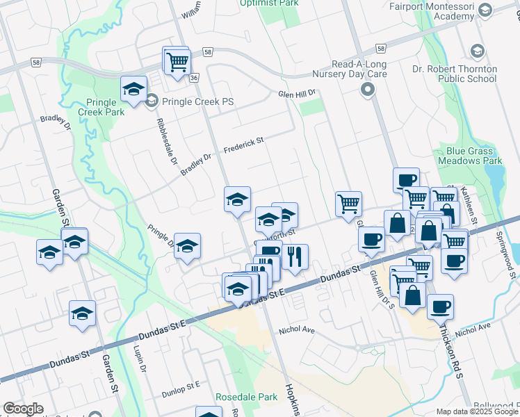 map of restaurants, bars, coffee shops, grocery stores, and more near 112 Allan Street in Whitby