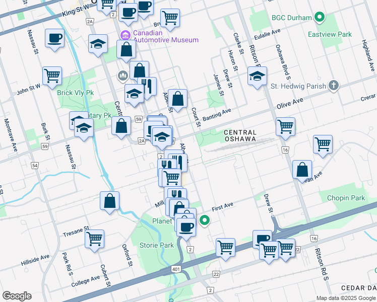 map of restaurants, bars, coffee shops, grocery stores, and more near in Oshawa