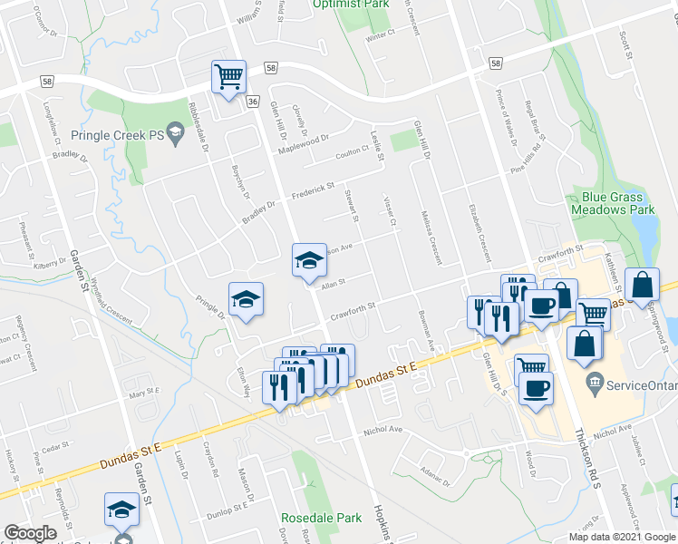 map of restaurants, bars, coffee shops, grocery stores, and more near 112 Allan Street in Whitby