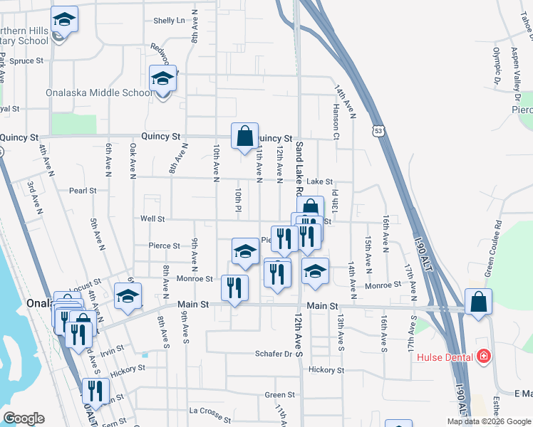 map of restaurants, bars, coffee shops, grocery stores, and more near 511 11th Avenue North in Onalaska