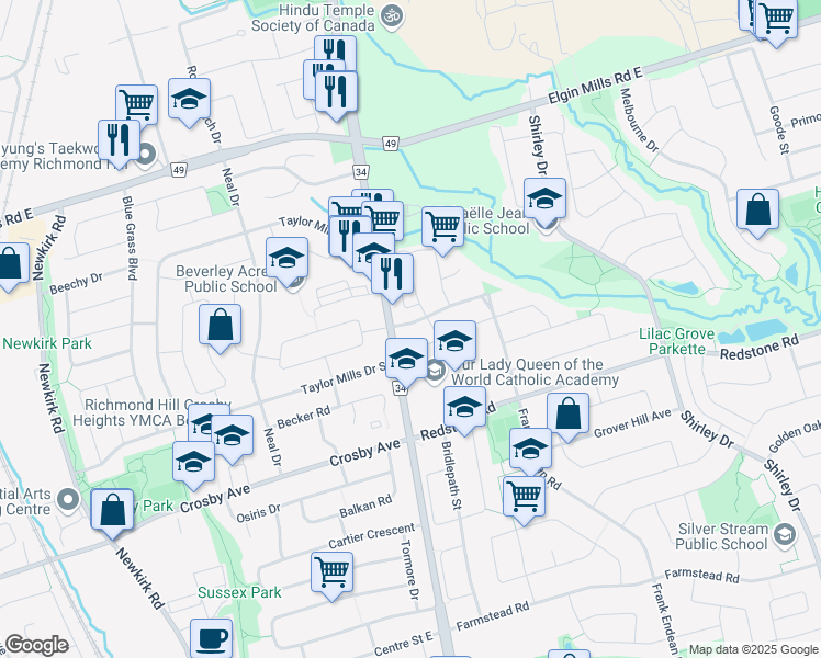 map of restaurants, bars, coffee shops, grocery stores, and more near 296 Frank Endean Road in Richmond Hill