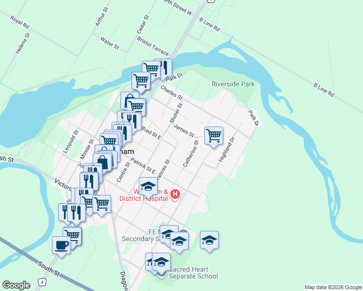 map of restaurants, bars, coffee shops, grocery stores, and more near 395 Frances Street in Wingham