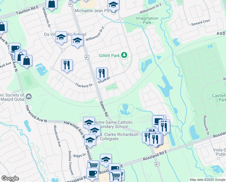 map of restaurants, bars, coffee shops, grocery stores, and more near Todhunter Crescent in Ajax
