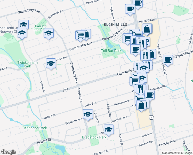 map of restaurants, bars, coffee shops, grocery stores, and more near 210 Elgin Mills Road West in Richmond Hill