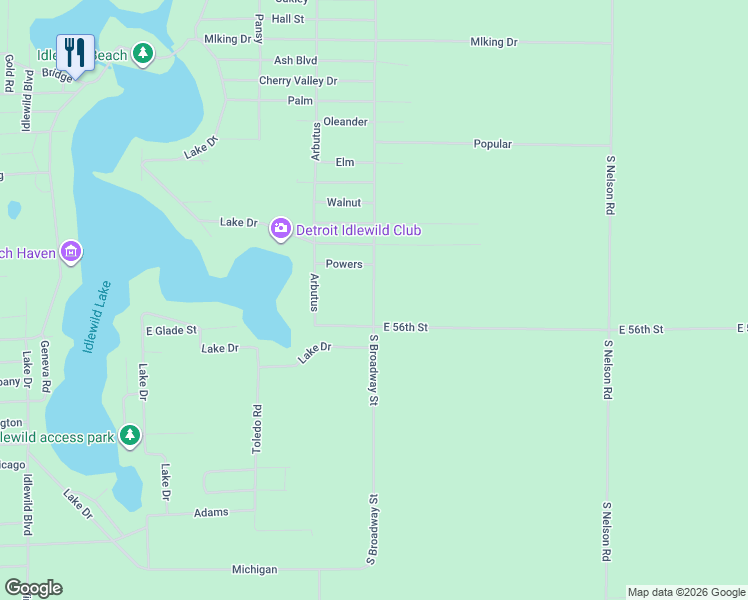 map of restaurants, bars, coffee shops, grocery stores, and more near 1435 East Powers Avenue in Idlewild