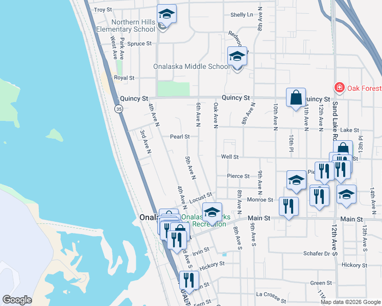 map of restaurants, bars, coffee shops, grocery stores, and more near 408 6th Avenue North in Onalaska