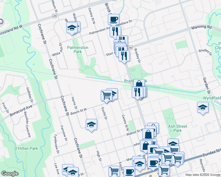 map of restaurants, bars, coffee shops, grocery stores, and more near 718 Centre Street North in Whitby