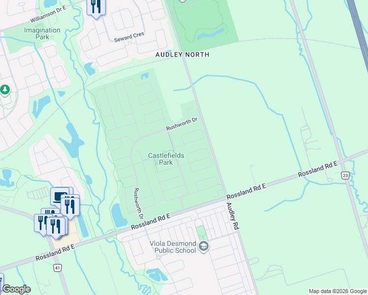 map of restaurants, bars, coffee shops, grocery stores, and more near 70 Cantwell Crescent in Ajax