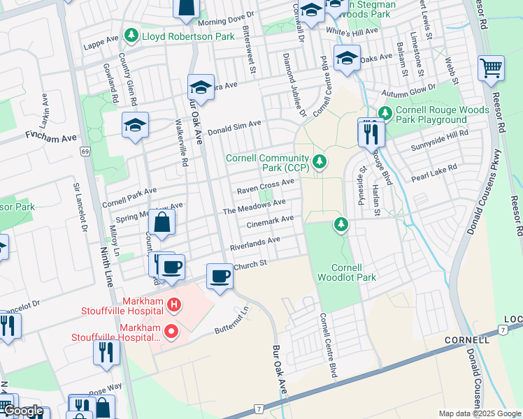 map of restaurants, bars, coffee shops, grocery stores, and more near 199 The Meadows Avenue in Markham