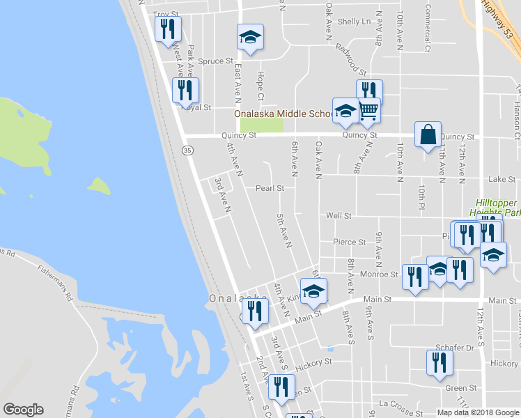 map of restaurants, bars, coffee shops, grocery stores, and more near 426 4th Avenue North in Onalaska