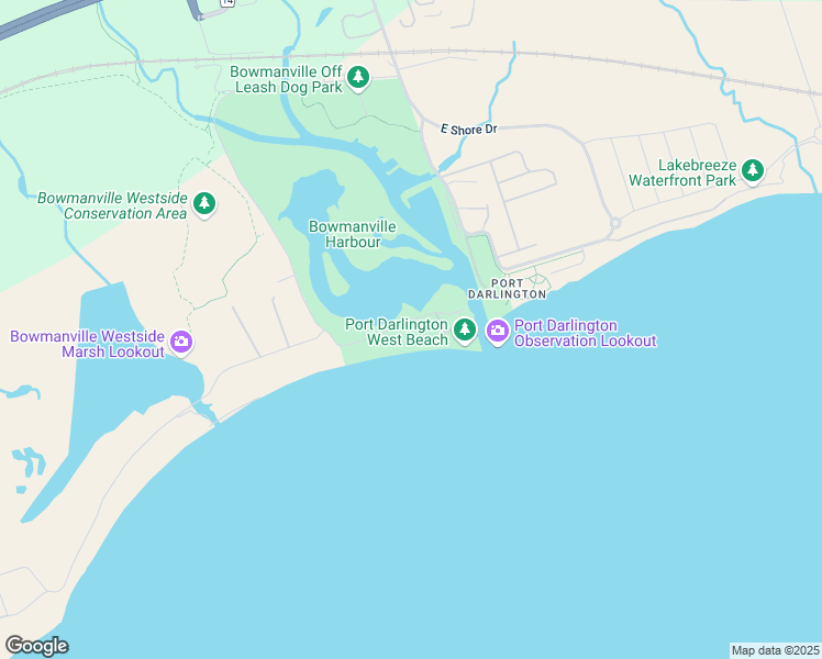 map of restaurants, bars, coffee shops, grocery stores, and more near 48 West Beach Road in Bowmanville