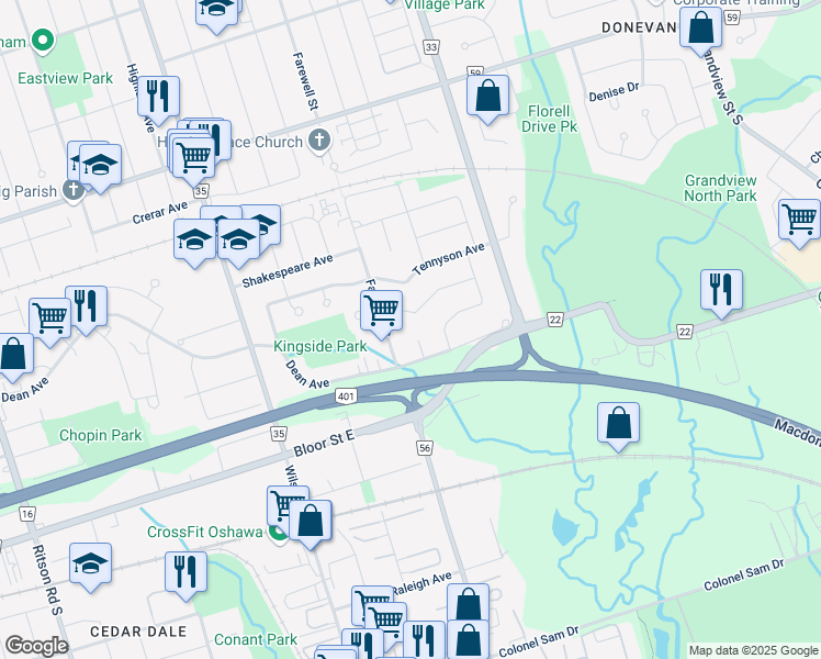 map of restaurants, bars, coffee shops, grocery stores, and more near in Oshawa