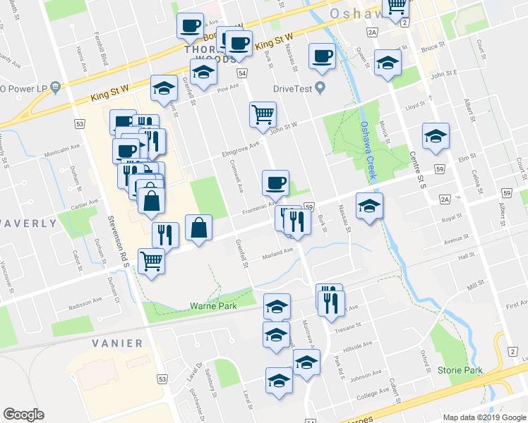 map of restaurants, bars, coffee shops, grocery stores, and more near 293 Frontenac Avenue in Oshawa