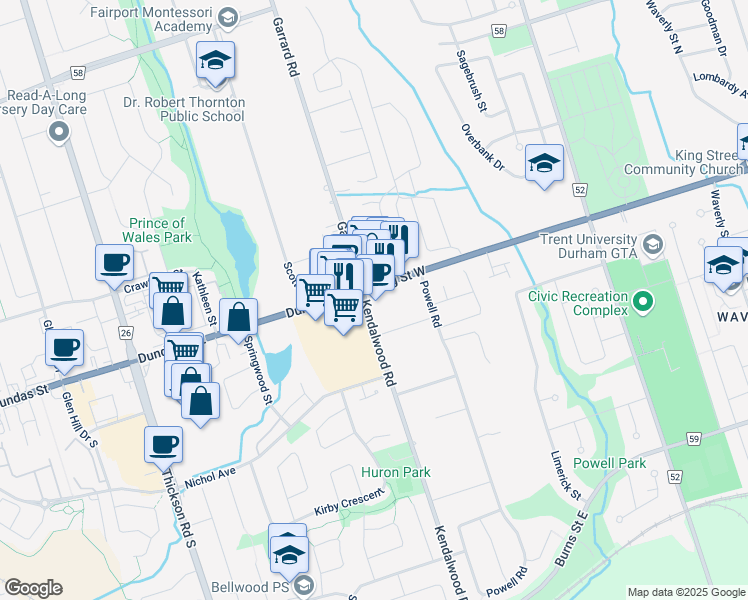 map of restaurants, bars, coffee shops, grocery stores, and more near 1903 Dundas Street East in Whitby