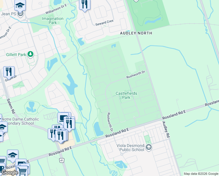 map of restaurants, bars, coffee shops, grocery stores, and more near 19 Abraham Court in Ajax