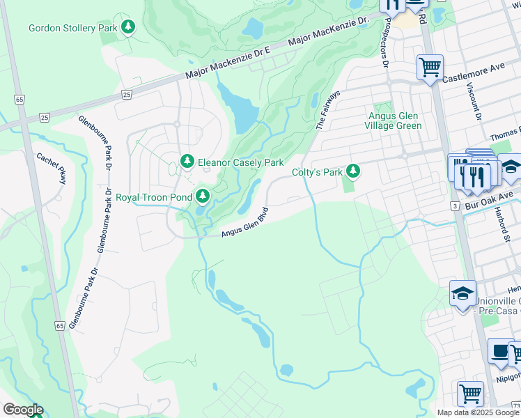 map of restaurants, bars, coffee shops, grocery stores, and more near 122 Angus Glen Boulevard in Markham