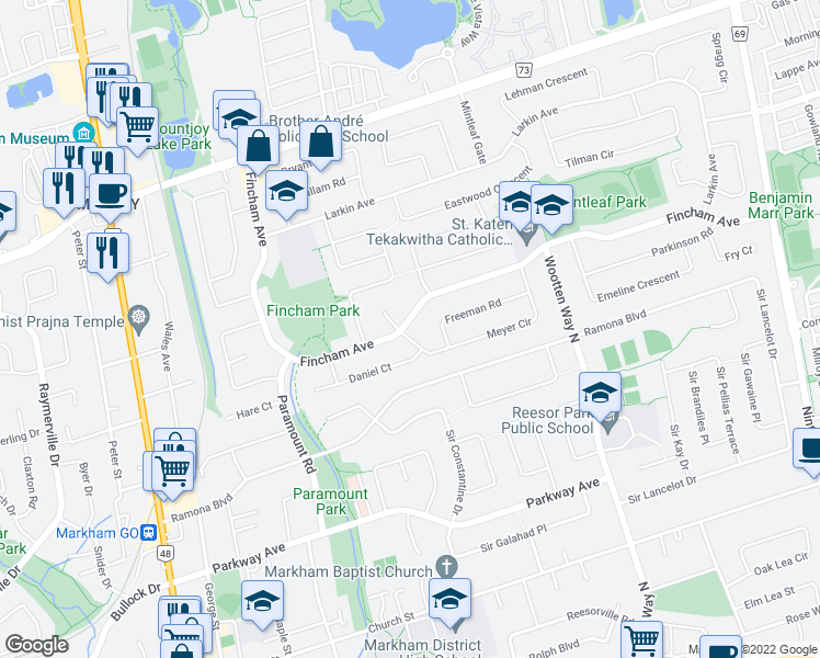 map of restaurants, bars, coffee shops, grocery stores, and more near 2 Meyer Circle in Markham