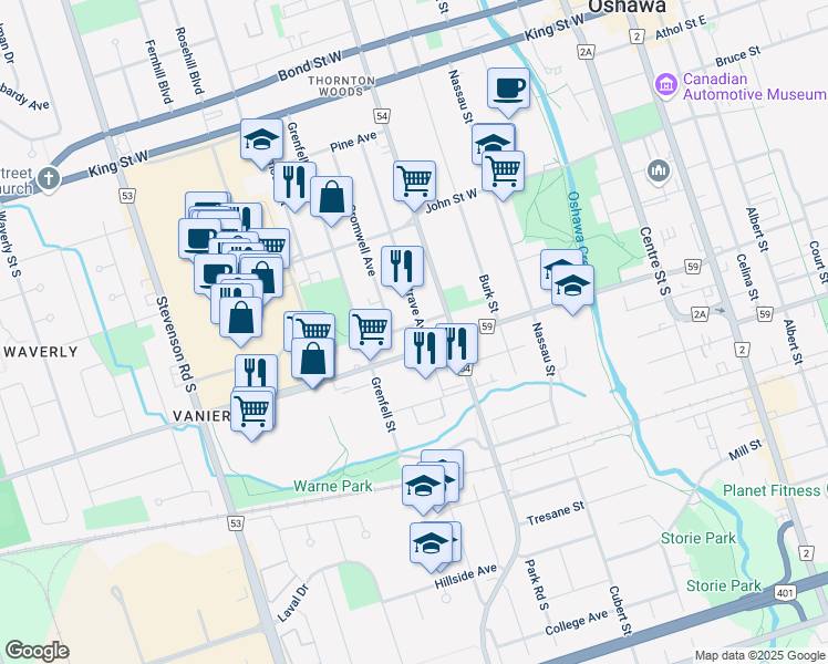 map of restaurants, bars, coffee shops, grocery stores, and more near 303 Frontenac Avenue in Oshawa